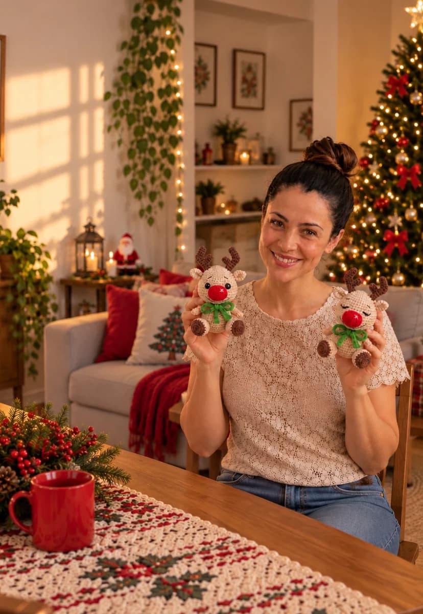 Mulher segurando amigurumis de natal